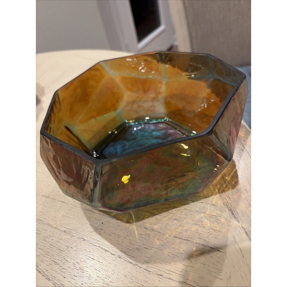 Pier One Iridescent Angles Teal Glass Vase 8" Faceted Geometric